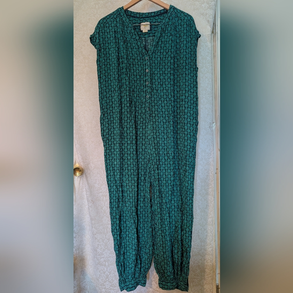 Maeve Anthropologie Teal Green & Black Patterned Romper Jumpsuit Small‎